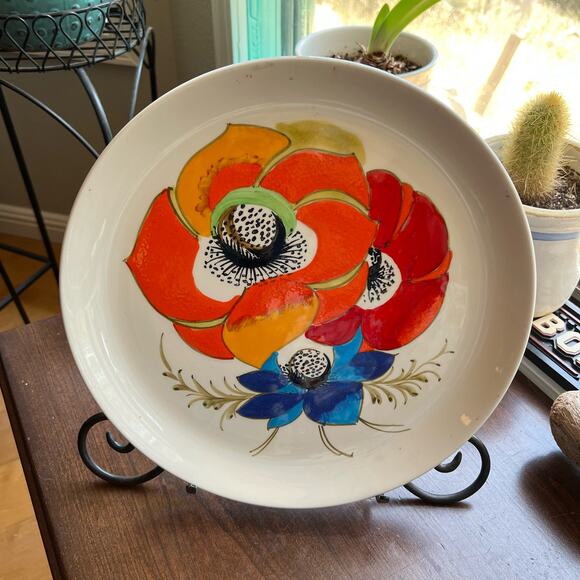 Vintage Mancieli Plate 1960s Italy orange red blue poppy - Picture 1 of 9